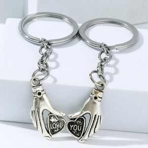 2 pcs Love You Heart Hand Charm Keychain Silver Plated Couple